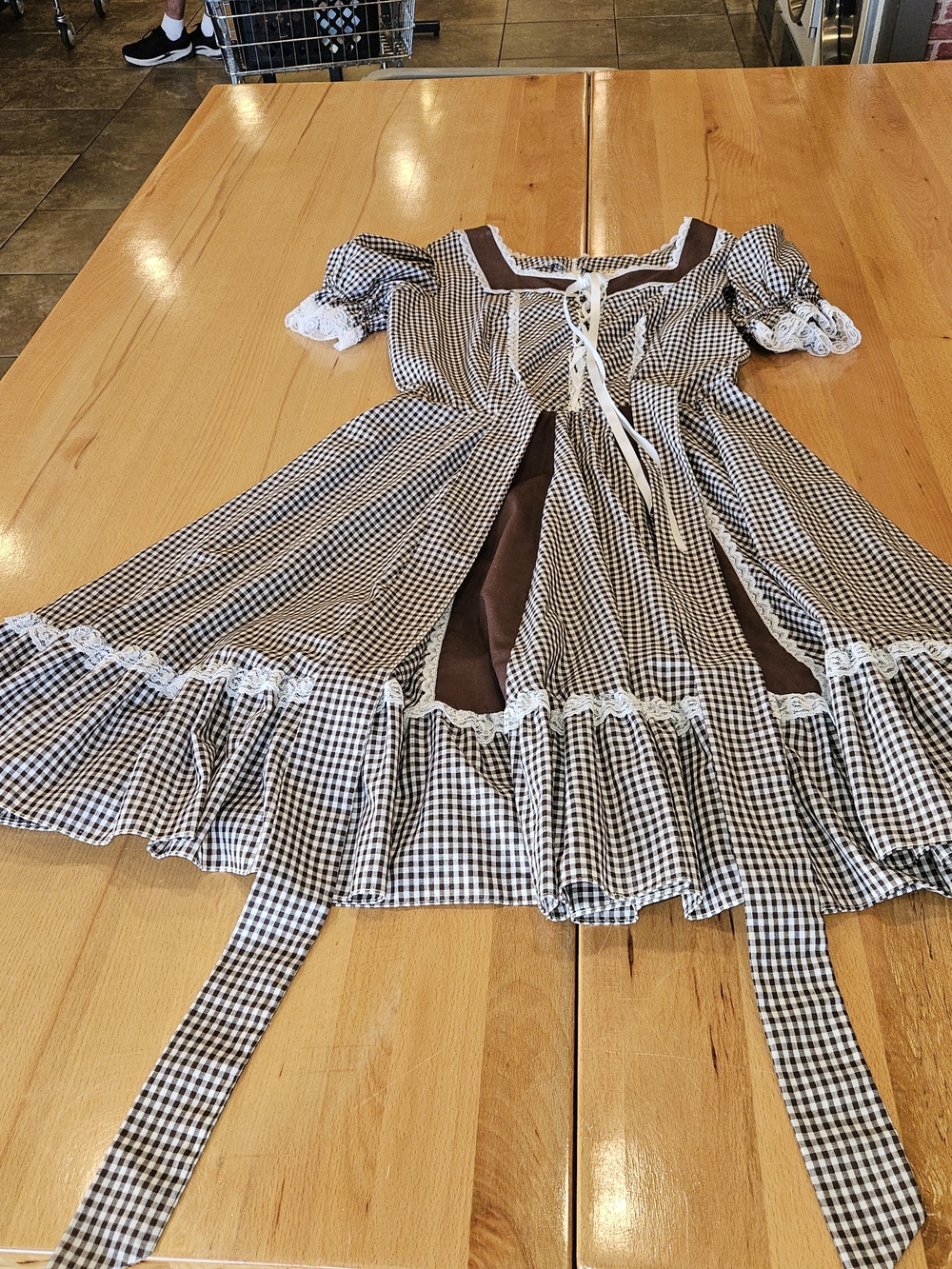 Sue Bee 1970 Girls Brown Gingham Lace-Trim Dress with Ribbon Tie
